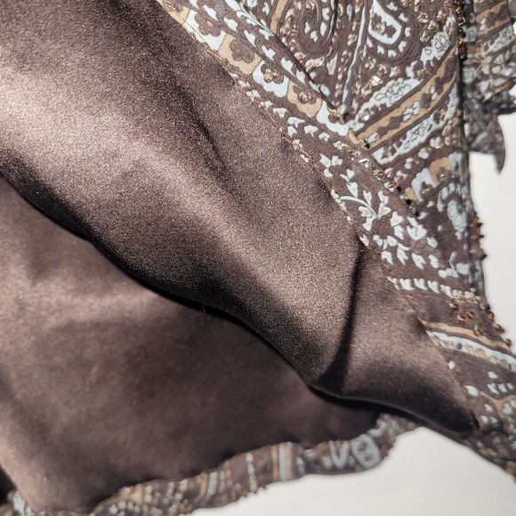CARMEN MARC VALVO Silk Beaded Blouse Women's 10 Brown Blue Draped Neck Lined - Picture 7 of 15